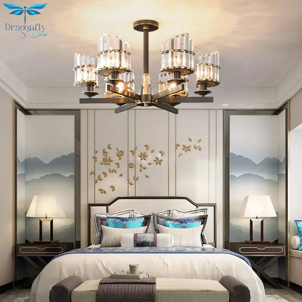 Modernism Sputnik Hanging Light 3/6/8 Heads Three Sided Crystal Rod Ceiling Chandelier In