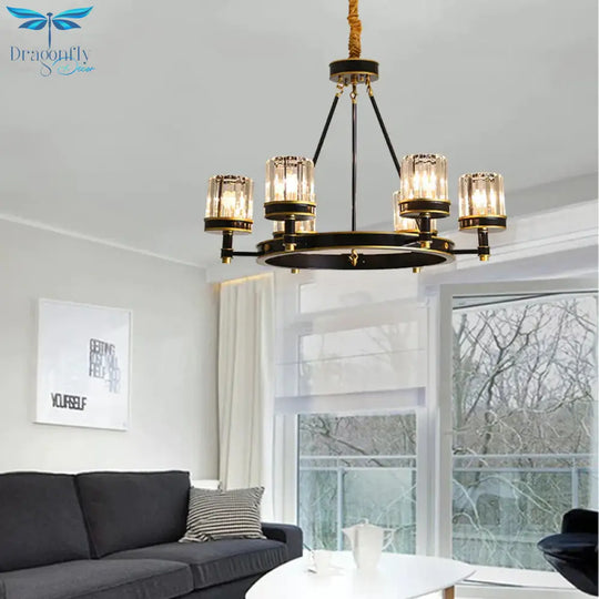 Modernist Cylinder Ceiling Chandelier Clear Crystal 5/6/8 Bulbs Living Room Pendant Lamp In Black