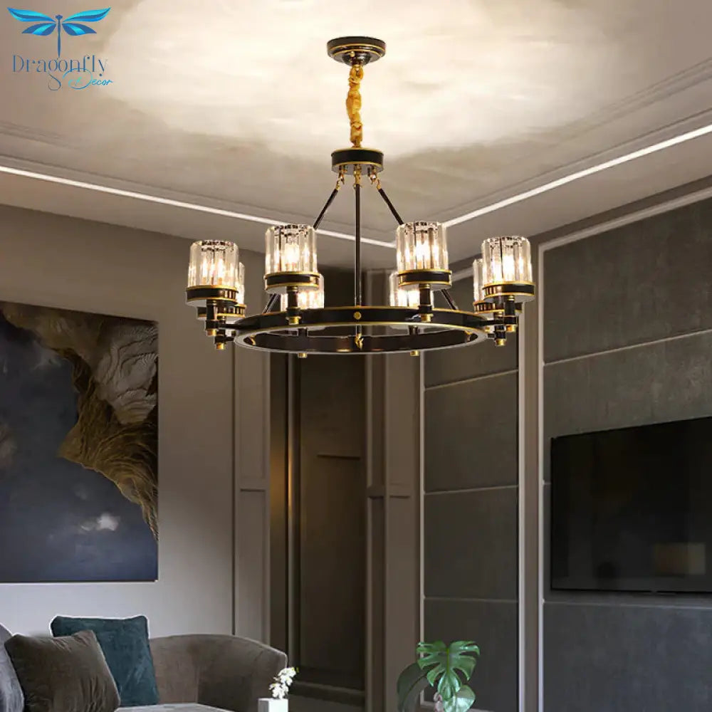 Modernist Cylinder Ceiling Chandelier Clear Crystal 5/6/8 Bulbs Living Room Pendant Lamp In Black