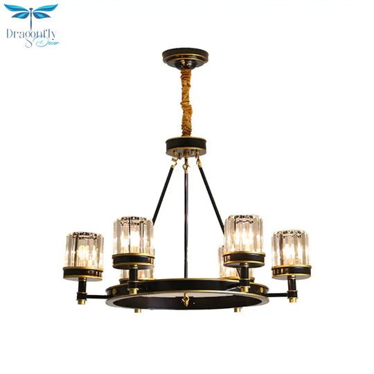 Modernist Cylinder Ceiling Chandelier Clear Crystal 5/6/8 Bulbs Living Room Pendant Lamp In Black