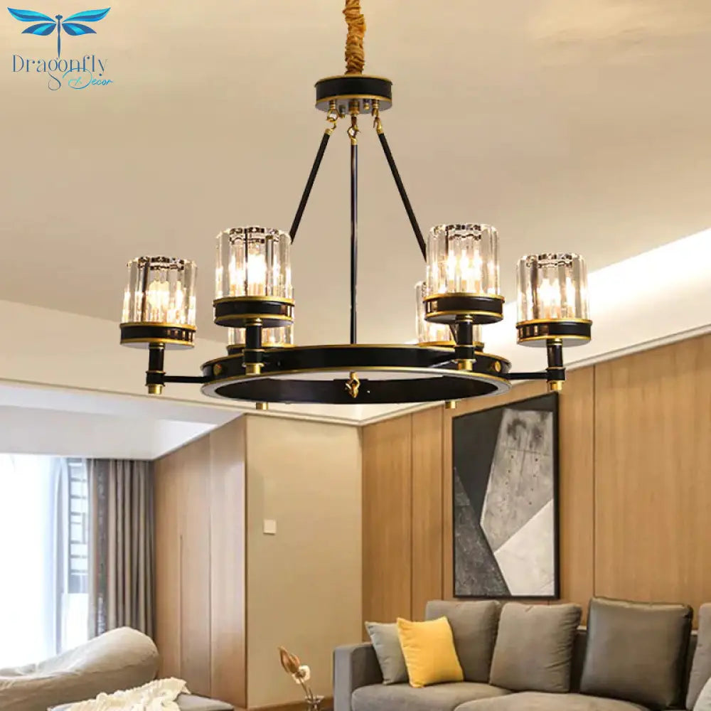 Modernist Cylinder Ceiling Chandelier Clear Crystal 5/6/8 Bulbs Living Room Pendant Lamp In Black