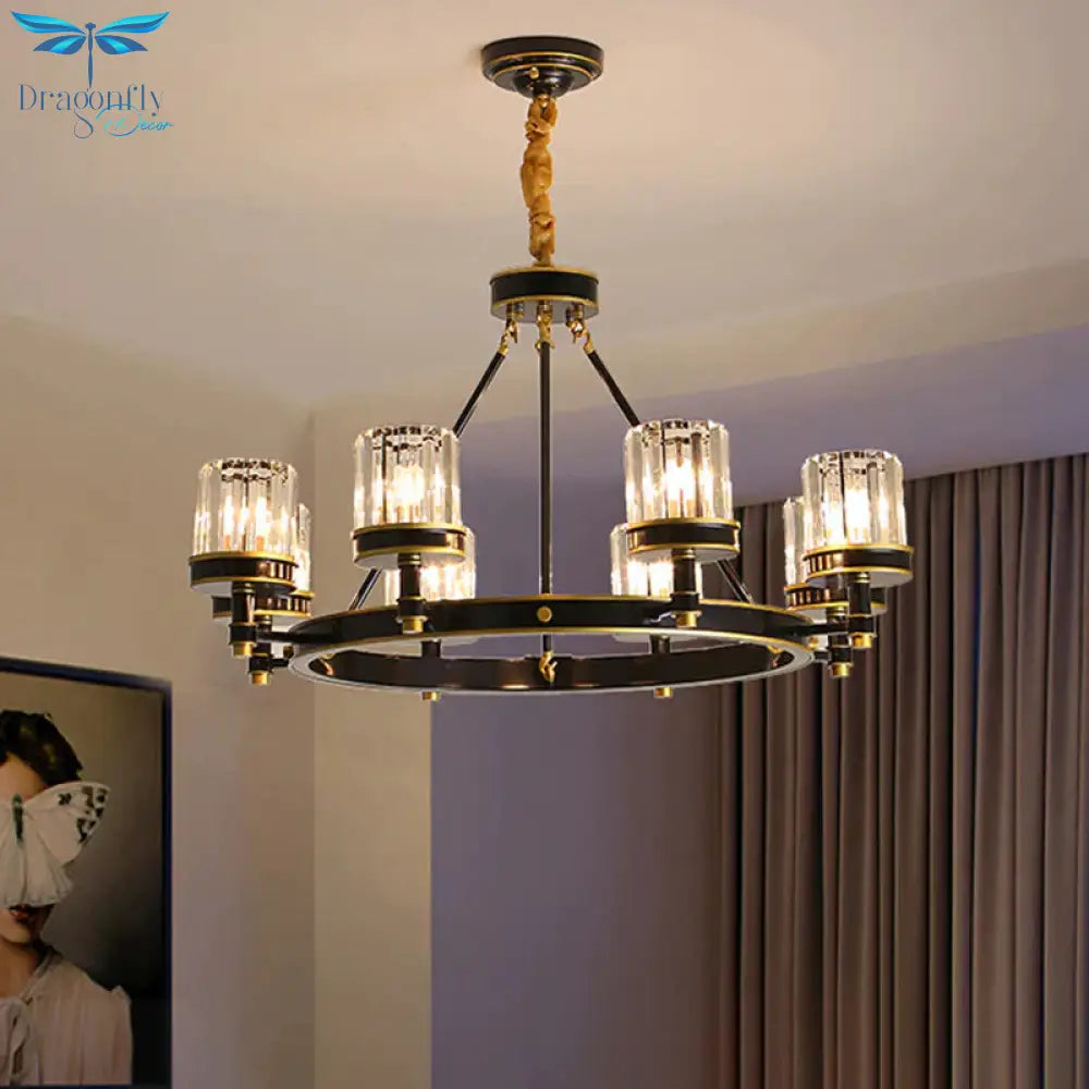 Modernist Cylinder Ceiling Chandelier Clear Crystal 5/6/8 Bulbs Living Room Pendant Lamp In Black
