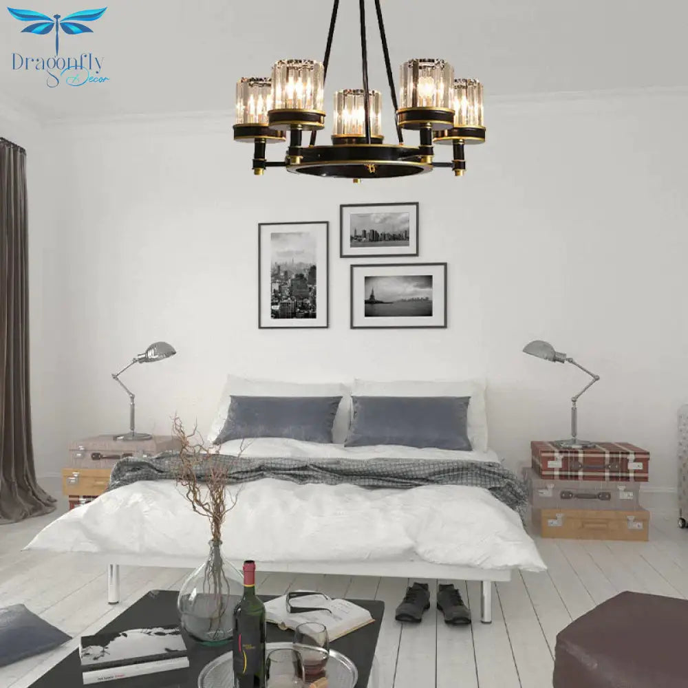 Modernist Cylinder Ceiling Chandelier Clear Crystal 5/6/8 Bulbs Living Room Pendant Lamp In Black