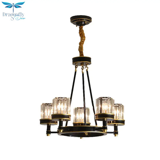 Modernist Cylinder Ceiling Chandelier Clear Crystal 5/6/8 Bulbs Living Room Pendant Lamp In Black