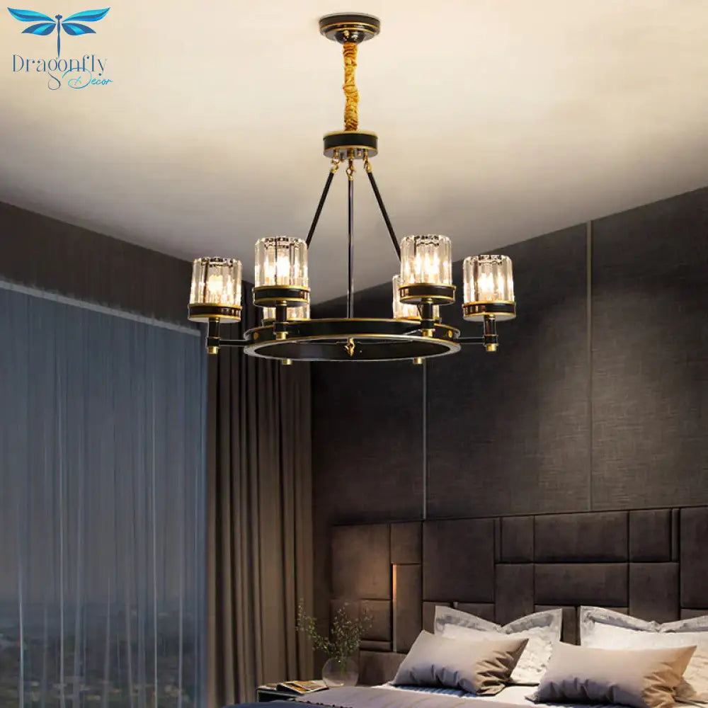 Modernist Cylinder Ceiling Chandelier Clear Crystal 5/6/8 Bulbs Living Room Pendant Lamp In Black