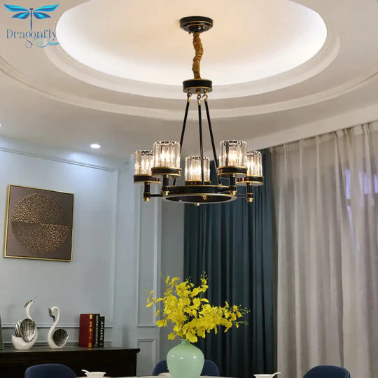 Modernist Cylinder Ceiling Chandelier Clear Crystal 5/6/8 Bulbs Living Room Pendant Lamp In Black