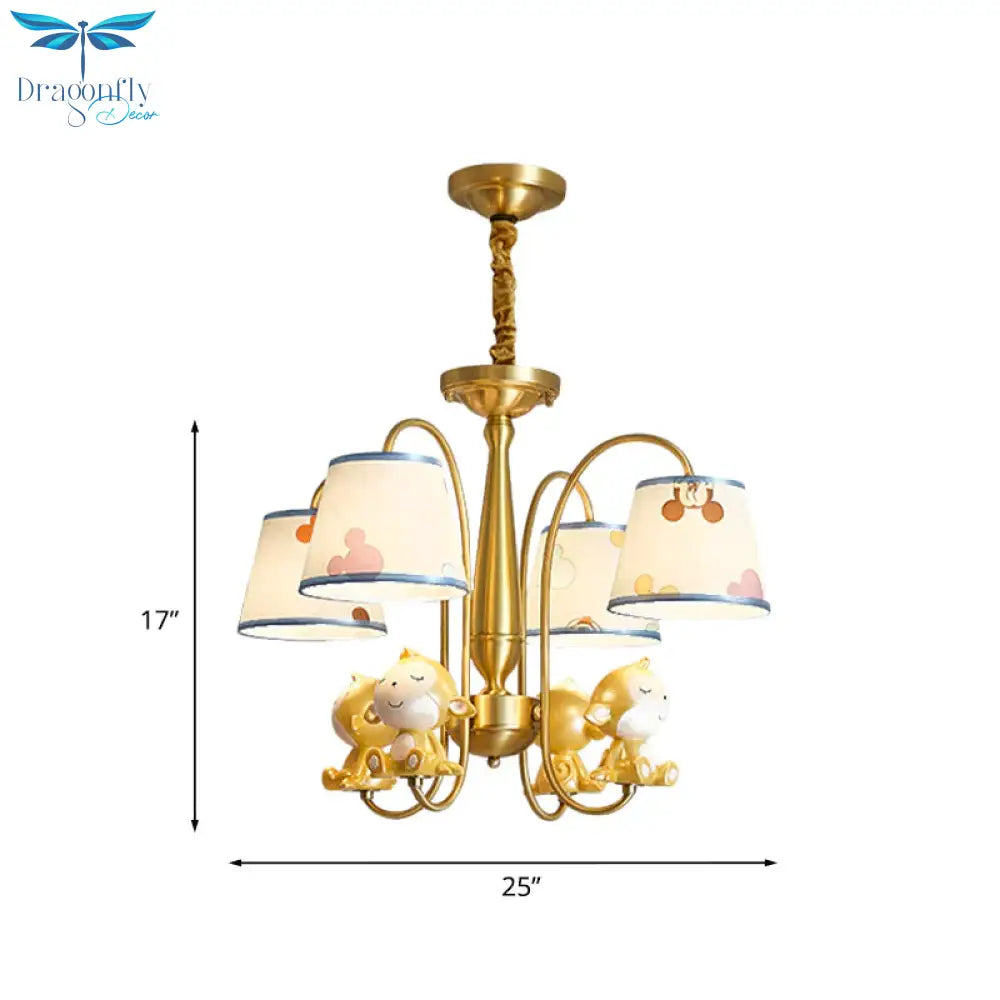 Monkey Bedroom Pendant Chandelier Metal 4 Bulbs Cartoon Suspension Light With Blue Fabric Shade In