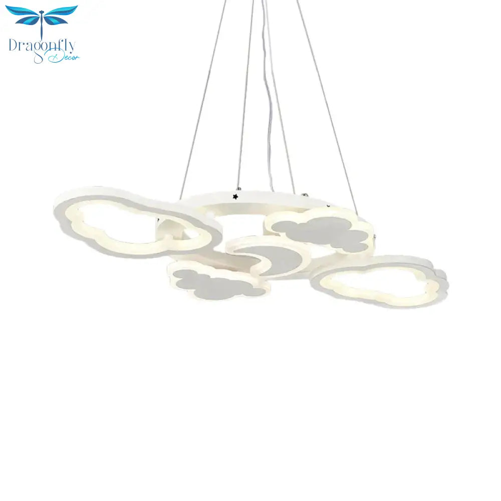 Moon And Cloud Bedroom Chandelier Lamp Acrylic Led Cartoon Hanging Light Kit In White