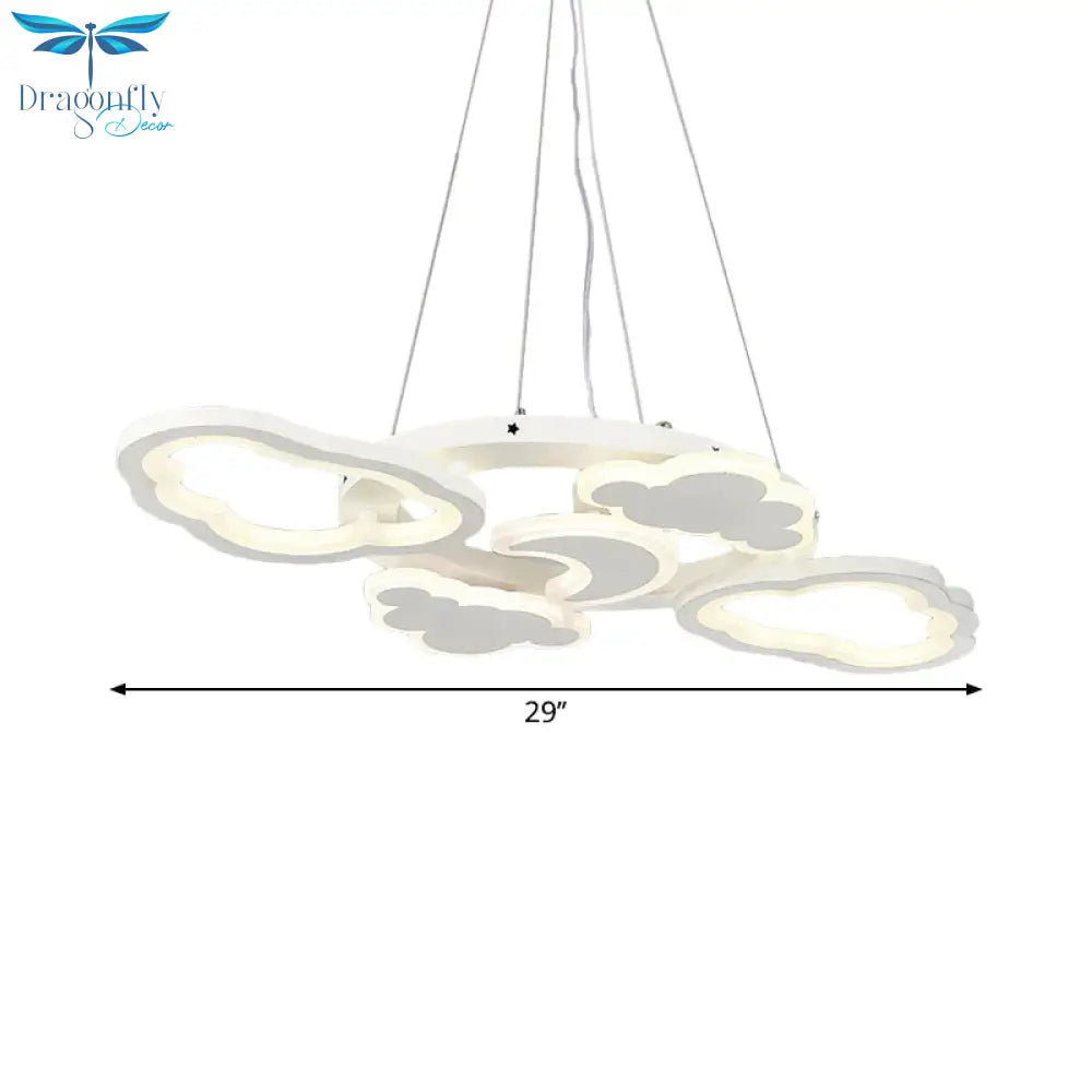 Moon And Cloud Bedroom Chandelier Lamp Acrylic Led Cartoon Hanging Light Kit In White