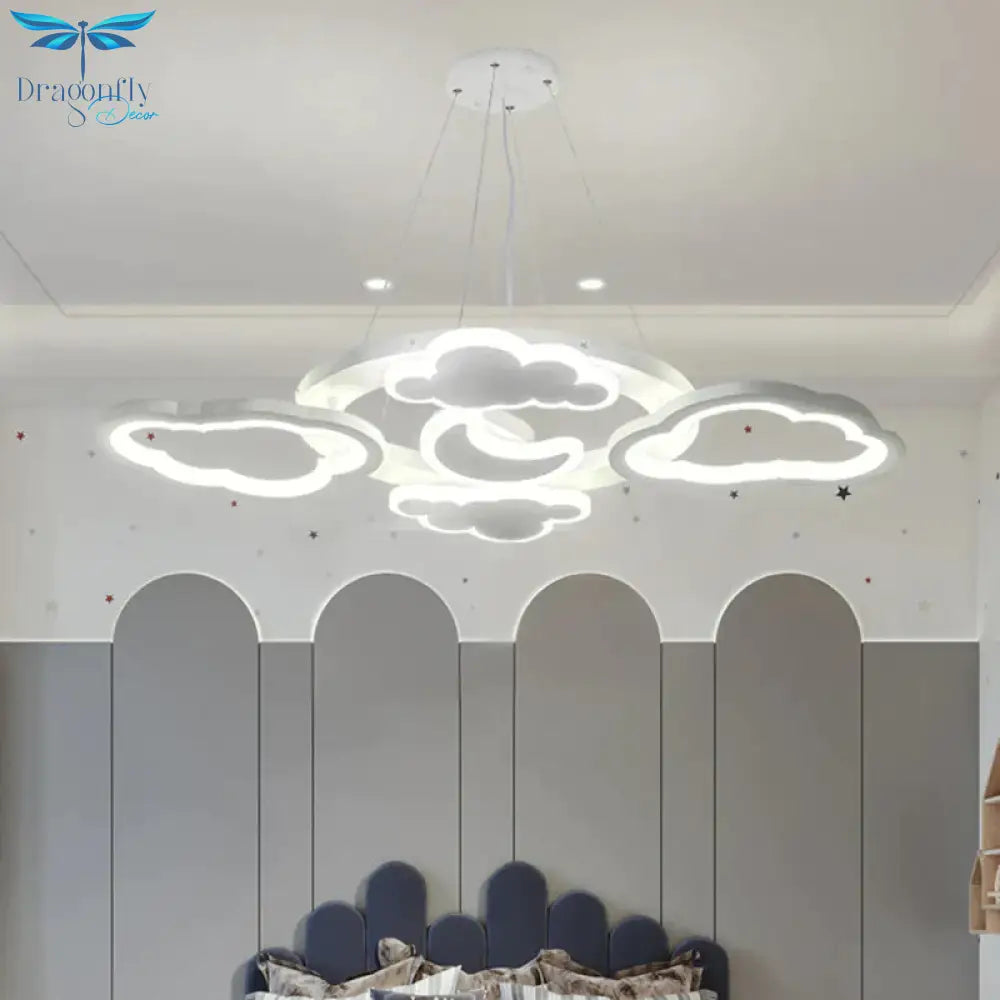 Moon And Cloud Bedroom Chandelier Lamp Acrylic Led Cartoon Hanging Light Kit In White