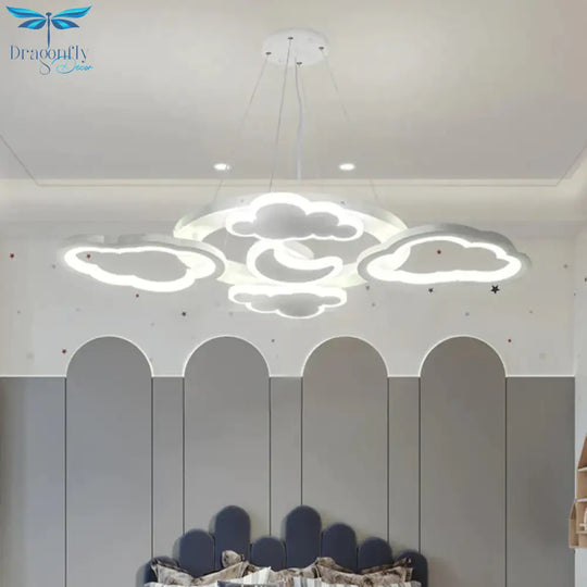 Moon And Cloud Bedroom Chandelier Lamp Acrylic Led Cartoon Hanging Light Kit In White