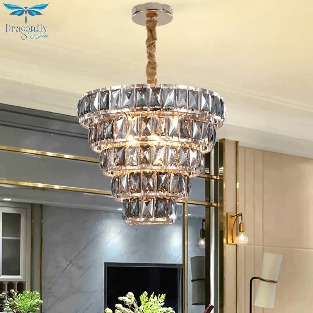 Multi Layer Hanging Light Vintage Crystal 3/5 Lights Pendant Fixture In Chrome For Dining Room