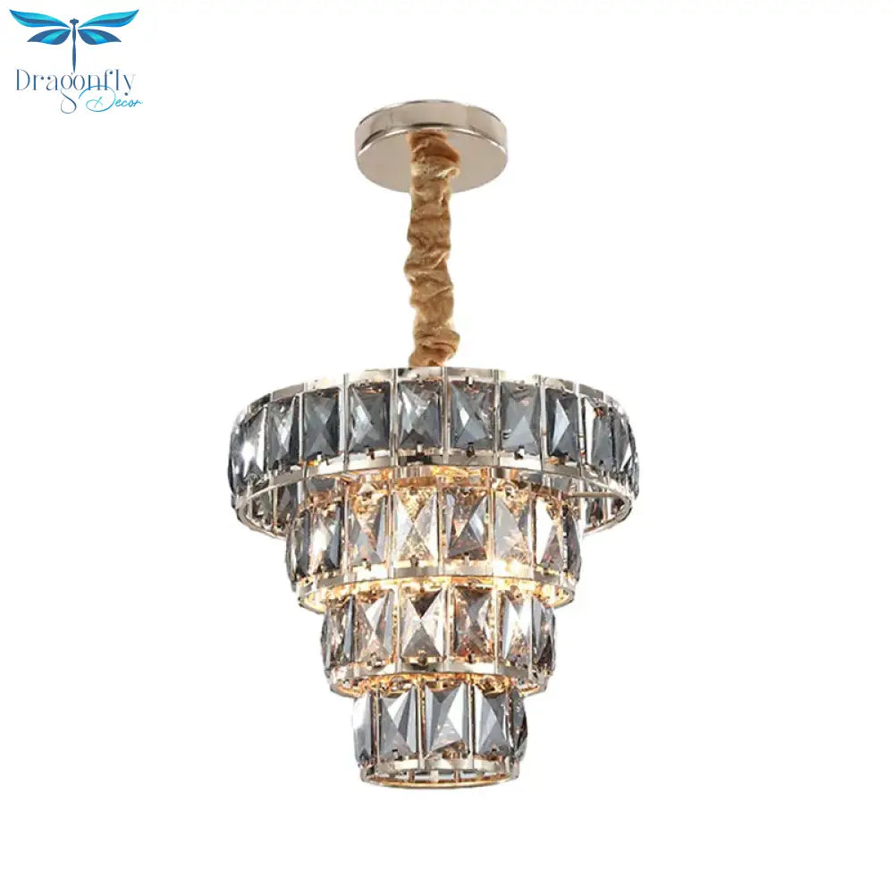 Multi Layer Hanging Light Vintage Crystal 3/5 Lights Pendant Fixture In Chrome For Dining Room