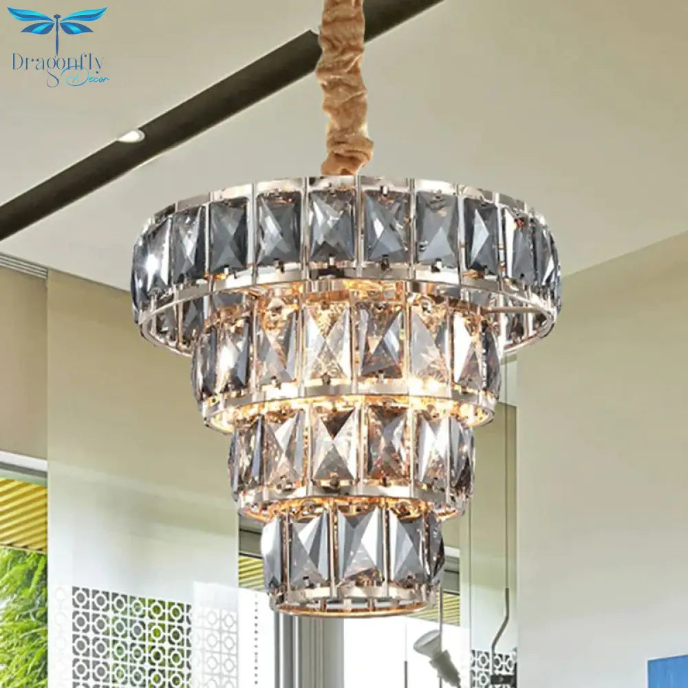 Multi Layer Hanging Light Vintage Crystal 3/5 Lights Pendant Fixture In Chrome For Dining Room