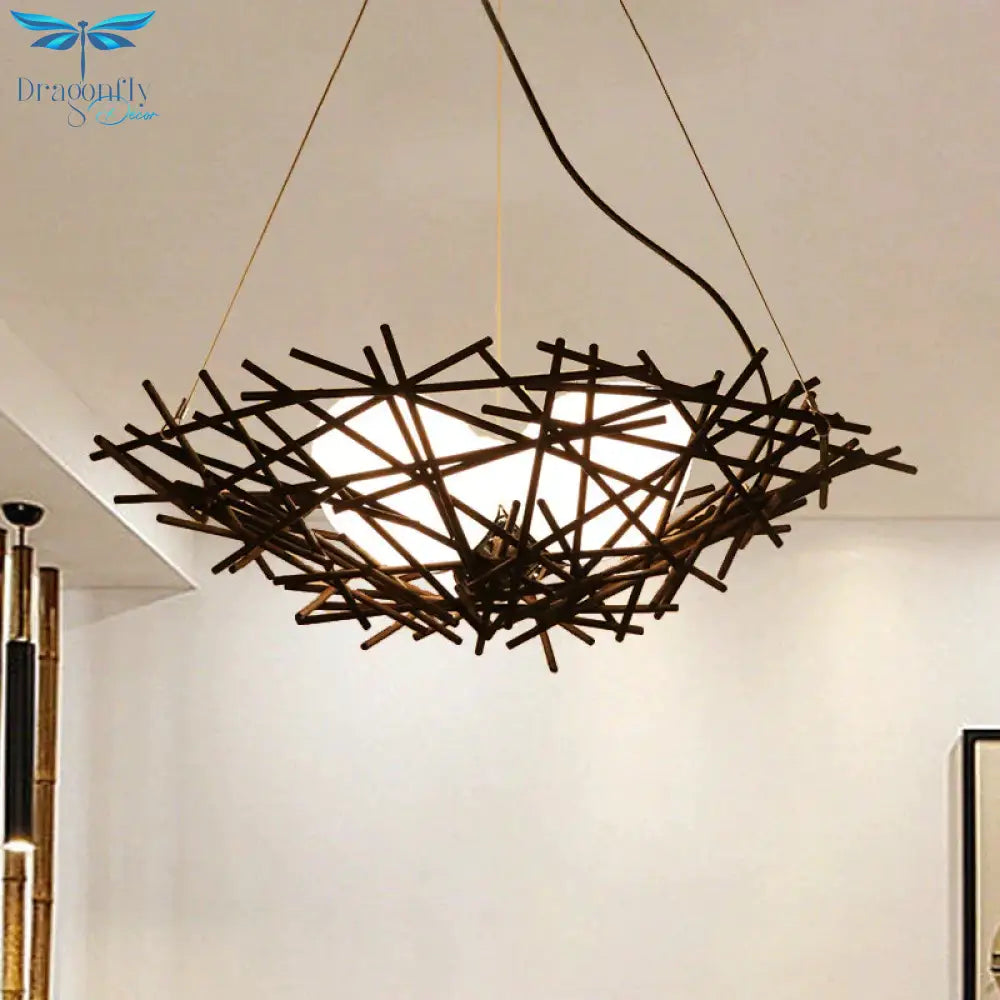 Nest Chandelier Lighting Japanese Bamboo 18’/22’ Wide 3 Bulbs Coffee Ceiling Suspension Lamp