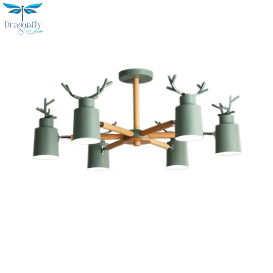 Nordic Cylinder Pendant Light With Antlers Six Lights Wood Chandelier In Green For Kindergarten