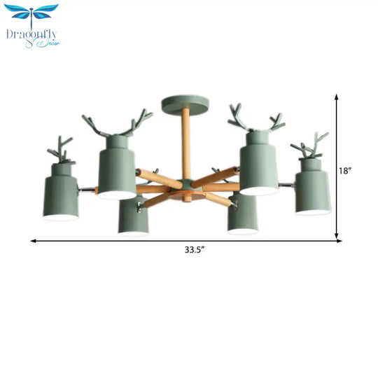 Nordic Cylinder Pendant Light With Antlers Six Lights Wood Chandelier In Green For Kindergarten