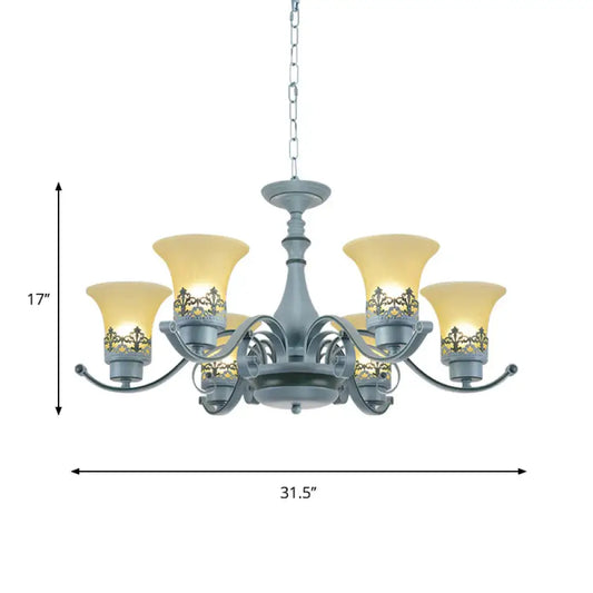 Nordic Flared Chandelier Lighting Amber Glass 6 - Light Living Room Hanging Ceiling Lamp With Curvy