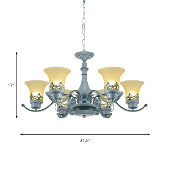 Nordic Flared Chandelier Lighting Amber Glass 6 - Light Living Room Hanging Ceiling Lamp With Curvy