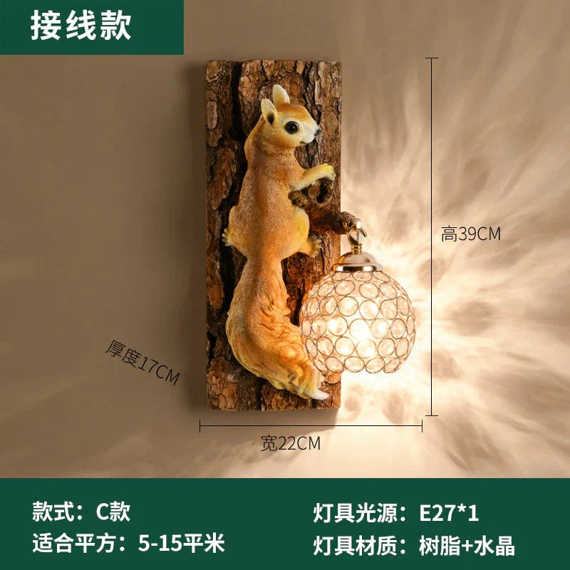 Nordic Vintage Style Resin Squirrel Crystal Led Wall Lamp A
