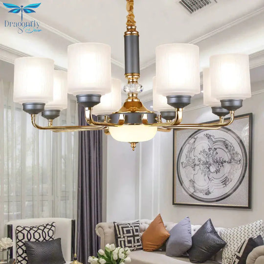 Null 6/8/12 Bulbs Chandelier Light Fixture Rural Cream Glass Cylindrical Pendulum For Bedroom