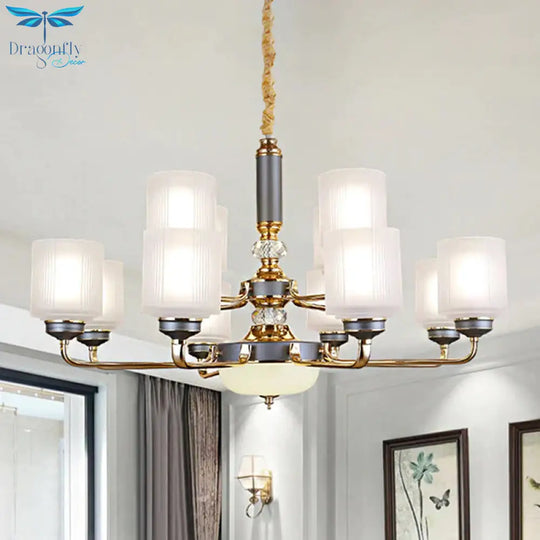 Null 6/8/12 Bulbs Chandelier Light Fixture Rural Cream Glass Cylindrical Pendulum For Bedroom