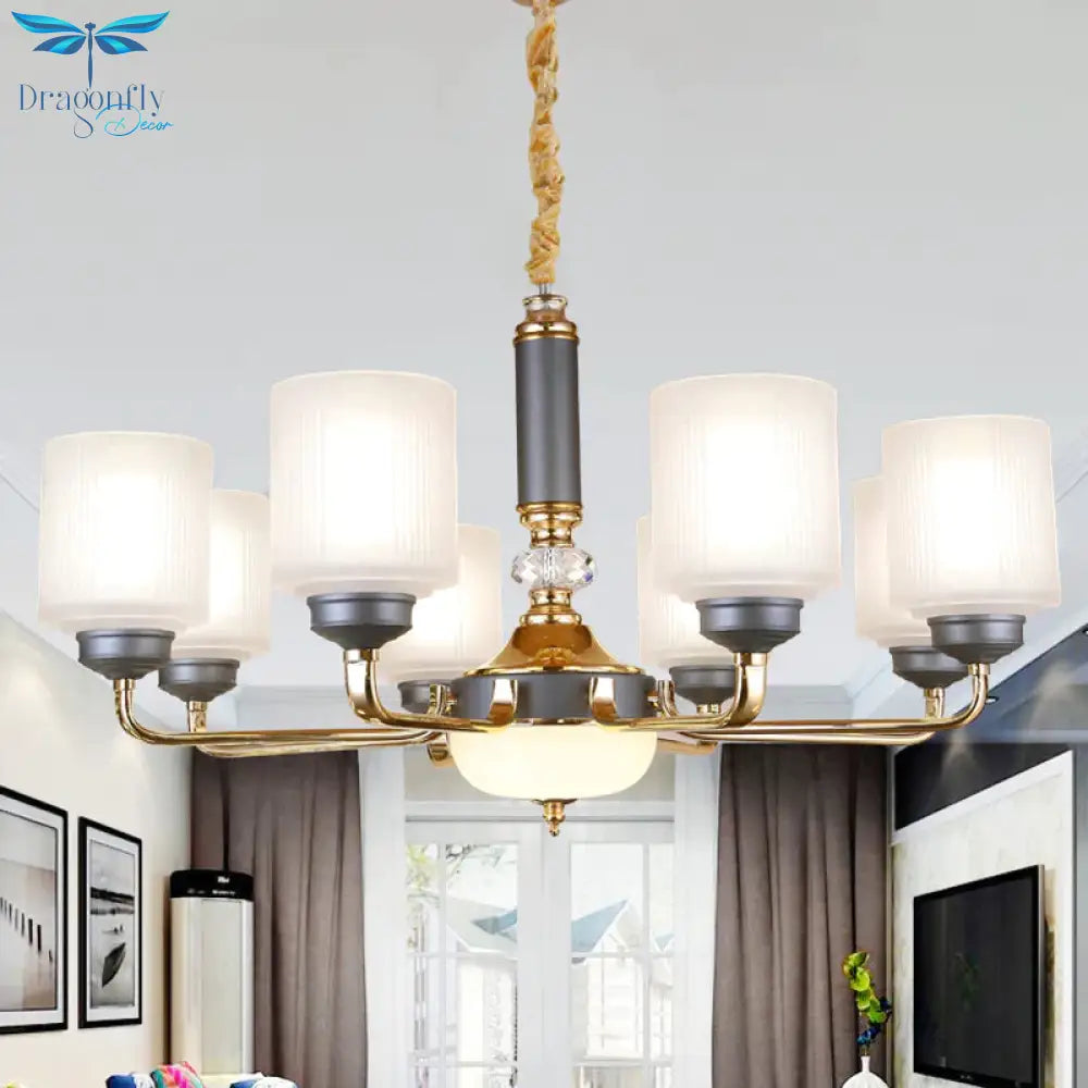 Null 6/8/12 Bulbs Chandelier Light Fixture Rural Cream Glass Cylindrical Pendulum For Bedroom
