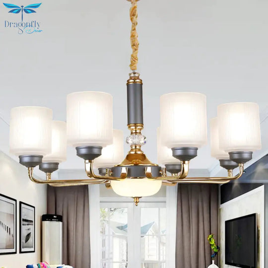 Null 6/8/12 Bulbs Chandelier Light Fixture Rural Cream Glass Cylindrical Pendulum For Bedroom