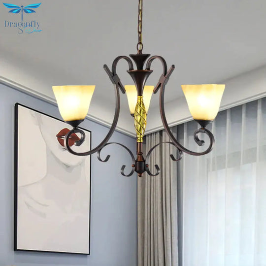 Opal Glass Bell Suspension Lighting Vintage 3 - Light Living Room Chandelier With Swirled Arm In