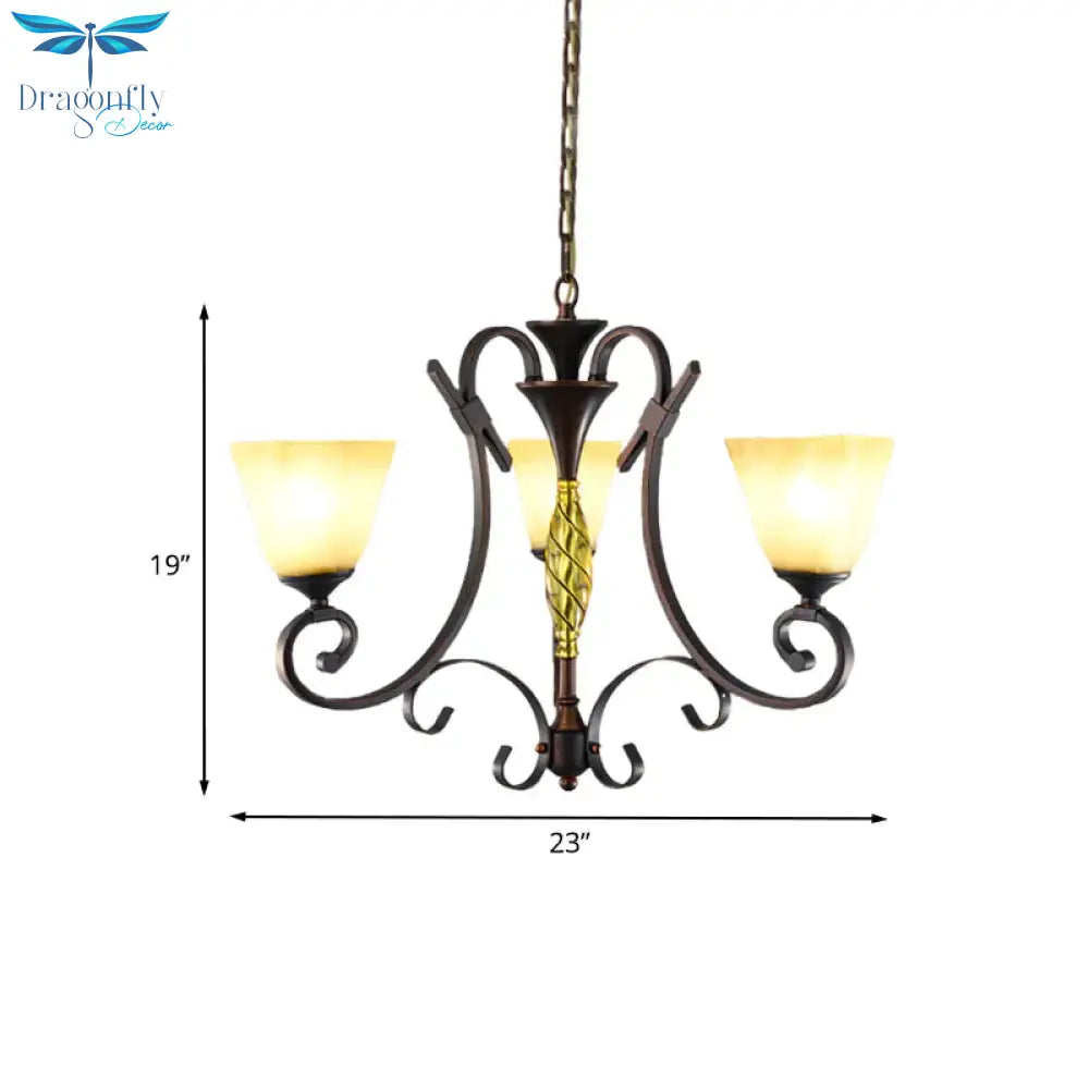 Opal Glass Bell Suspension Lighting Vintage 3 - Light Living Room Chandelier With Swirled Arm In