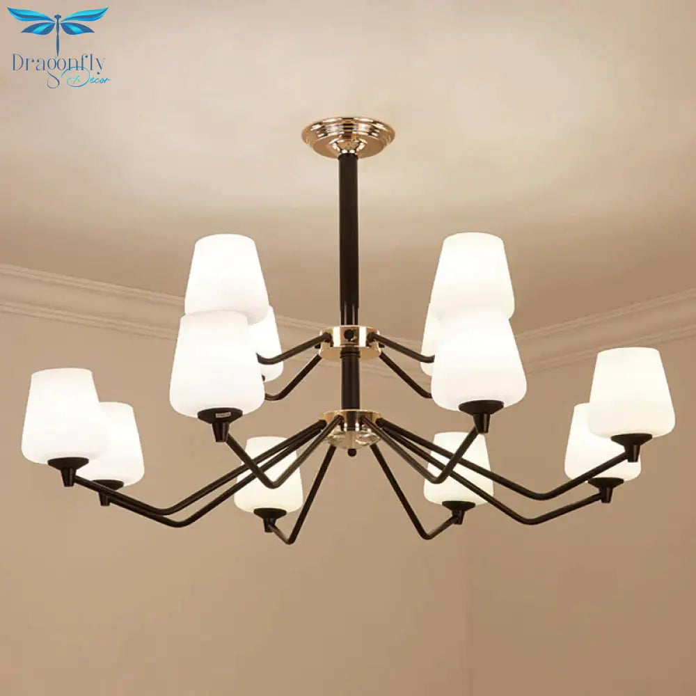 Opal Glass Black Pendant Lamp Sputnik 12 Lights Traditional Chandelier Light Fixture With Cup Shade