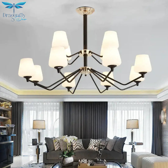 Opal Glass Black Pendant Lamp Sputnik 12 Lights Traditional Chandelier Light Fixture With Cup Shade