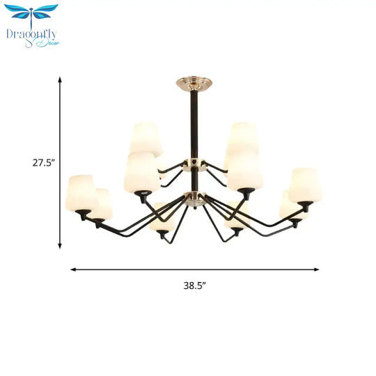 Opal Glass Black Pendant Lamp Sputnik 12 Lights Traditional Chandelier Light Fixture With Cup Shade