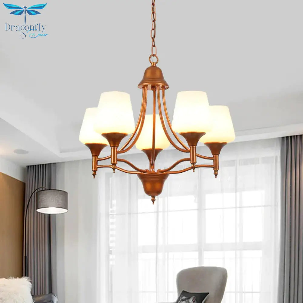 Opal Glass Bronze Chandelier Lighting Tapered 3/5/6 Bulbs Countryside Hanging Pendant For Bedroom