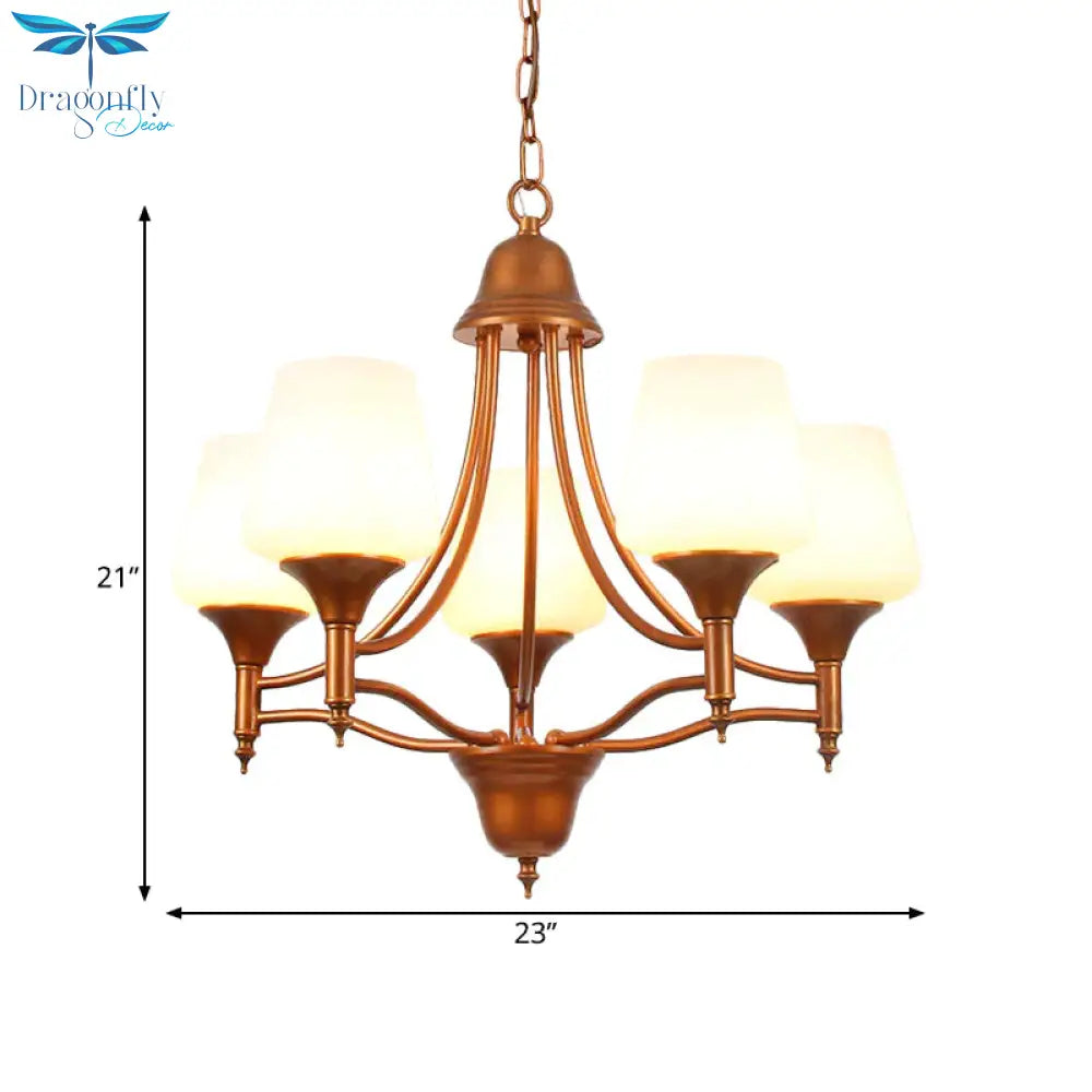 Opal Glass Bronze Chandelier Lighting Tapered 3/5/6 Bulbs Countryside Hanging Pendant For Bedroom