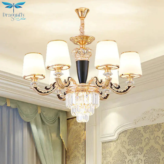Opal Glass Cone Hanging Pendant Mid - Century 6 Heads Bedroom Chandelier In Black And Gold With