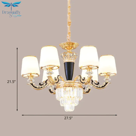 Opal Glass Cone Hanging Pendant Mid - Century 6 Heads Bedroom Chandelier In Black And Gold With