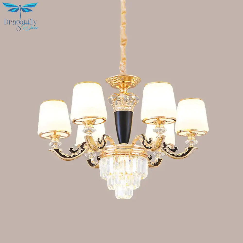 Opal Glass Cone Hanging Pendant Mid - Century 6 Heads Bedroom Chandelier In Black And Gold With