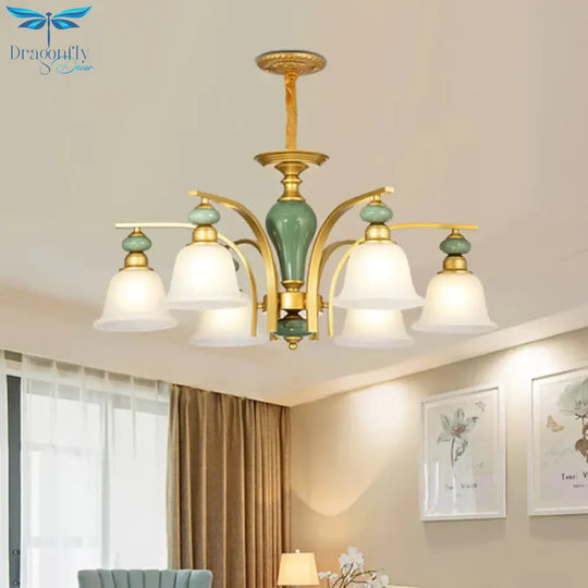 Opal Glass Gold Pendant Light Fixture Bell 5/6/8 Lights Rustic Style Chandelier Lighting With