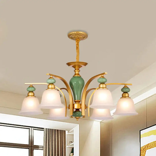 Opal Glass Gold Pendant Light Fixture Bell 5/6/8 Lights Rustic Style Chandelier Lighting With
