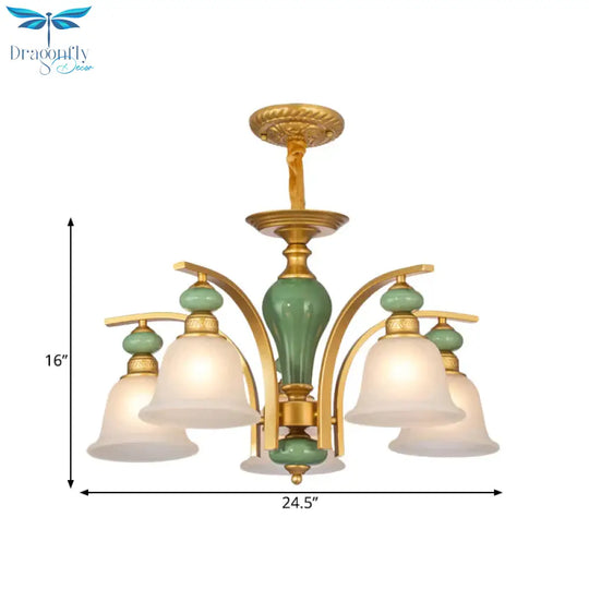 Opal Glass Gold Pendant Light Fixture Bell 5/6/8 Lights Rustic Style Chandelier Lighting With