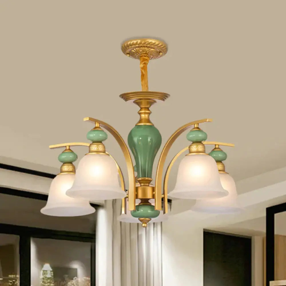 Opal Glass Gold Pendant Light Fixture Bell 5/6/8 Lights Rustic Style Chandelier Lighting With