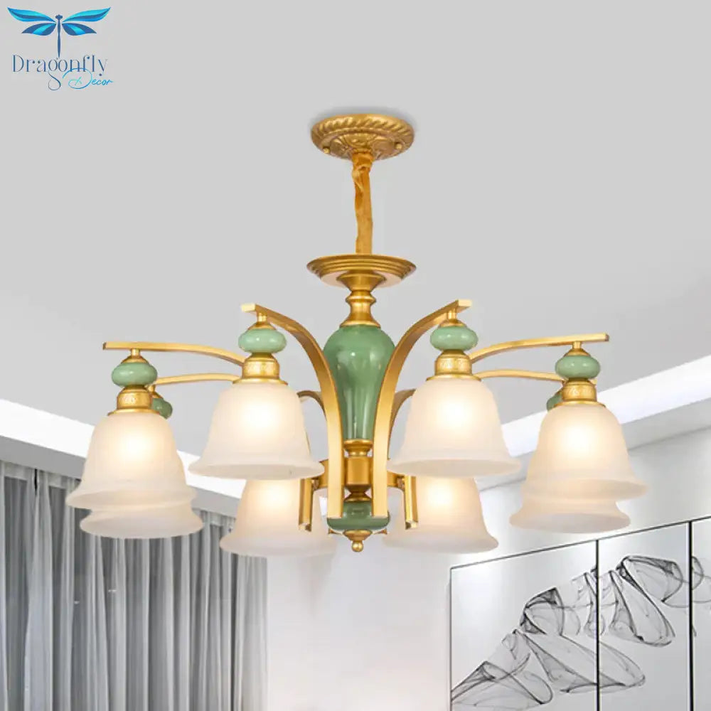 Opal Glass Gold Pendant Light Fixture Bell 5/6/8 Lights Rustic Style Chandelier Lighting With