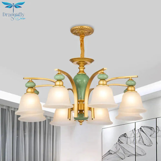 Opal Glass Gold Pendant Light Fixture Bell 5/6/8 Lights Rustic Style Chandelier Lighting With