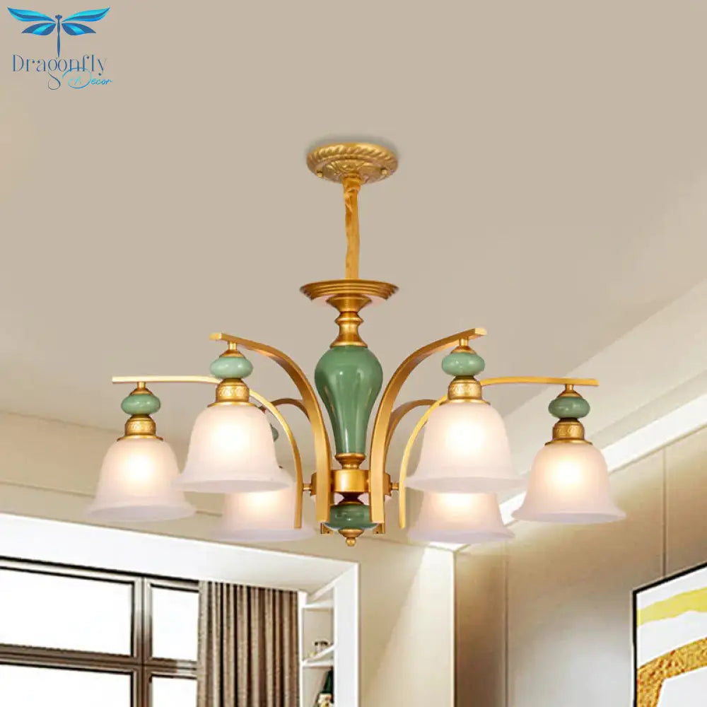 Opal Glass Gold Pendant Light Fixture Bell 5/6/8 Lights Rustic Style Chandelier Lighting With