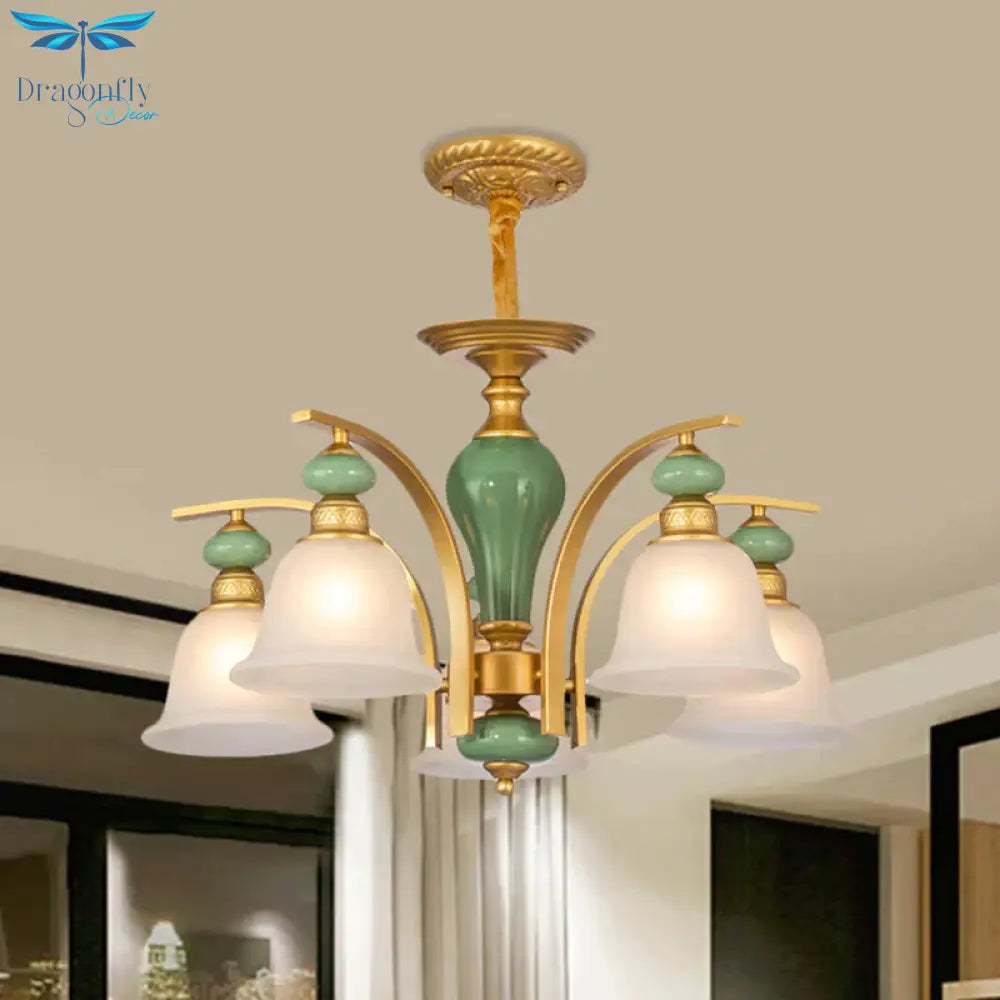 Opal Glass Gold Pendant Light Fixture Bell 5/6/8 Lights Rustic Style Chandelier Lighting With