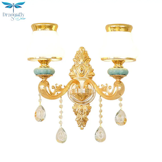 Opal Glass K9 Crystal Wall Light Classic Living Room Lighting Fixture With Accent In Gold