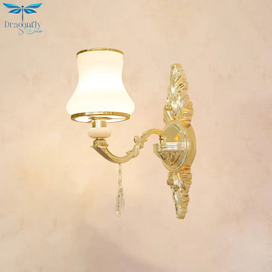 Opal Glass K9 Crystal Wall Light Classic Living Room Lighting Fixture With Accent In Gold
