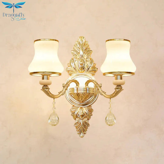 Opal Glass K9 Crystal Wall Light Classic Living Room Lighting Fixture With Accent In Gold