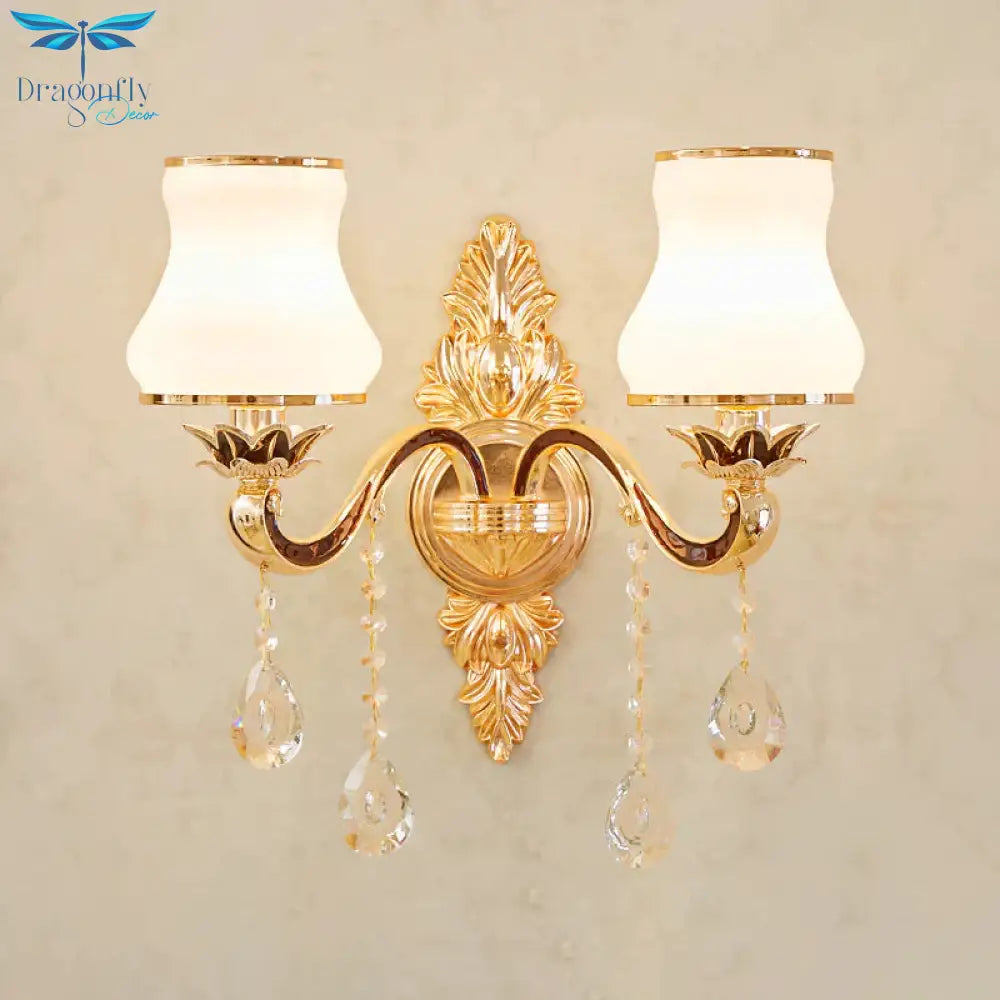 Opal Glass K9 Crystal Wall Light Classic Living Room Lighting Fixture With Accent In Gold